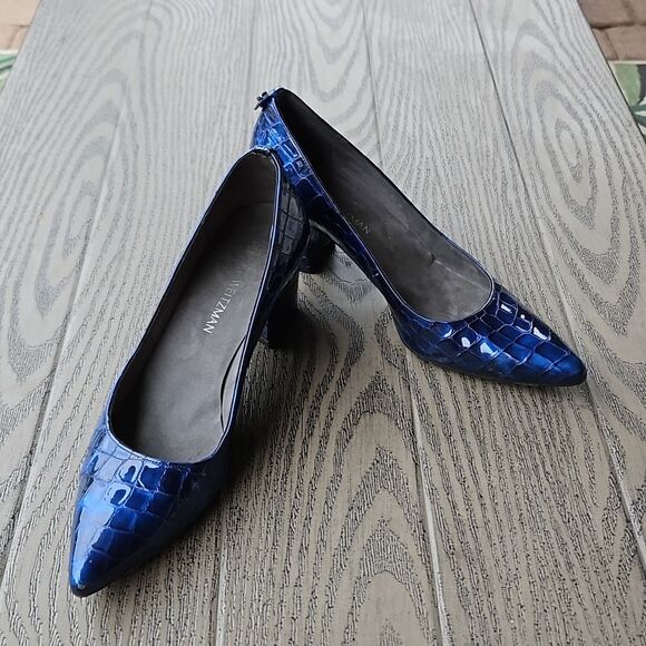 Stuart Weitzman Blue Patent Crocodile Heels - Leather Embossed 9.5M Pumps - Picture 1 of 12